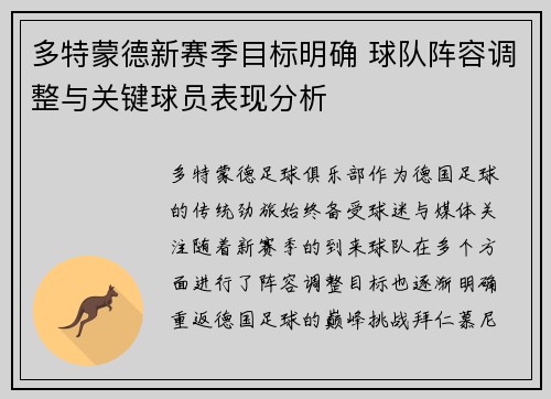 多特蒙德新赛季目标明确 球队阵容调整与关键球员表现分析